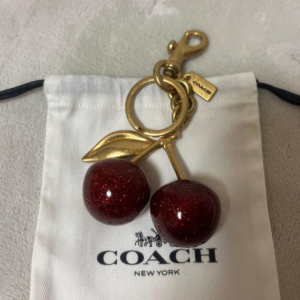 Coach Red Resin Glitter Cherries Gold Brass Keychain Fob Bag Charm - Picture 2 of 4